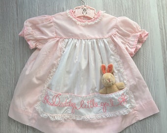 Vintage baby dress, pocket dress, pink, embroidered "Daddy's Little Girl", sz 1