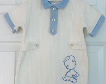 Knit baby suit, white,embroidered baby bear, 12 - 18 months, vintage
