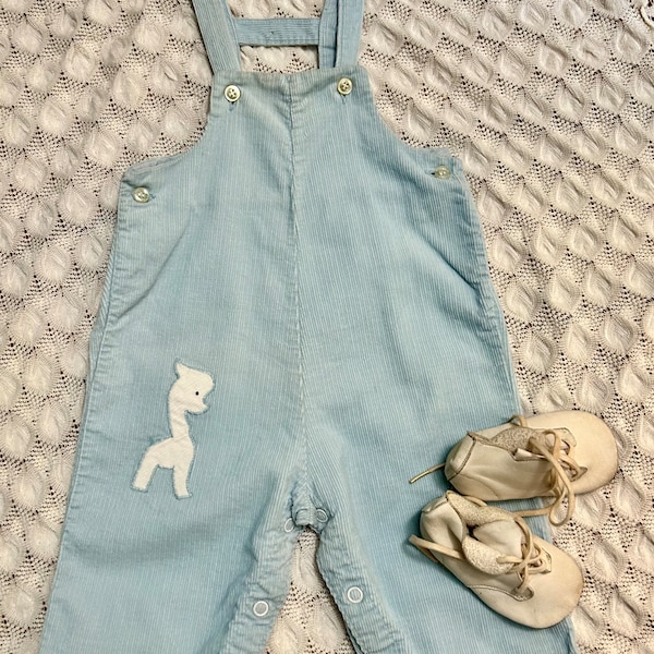 Baby overalls, Midcentury, Stantogs, 9 months, baby giraffe applique, corduroy