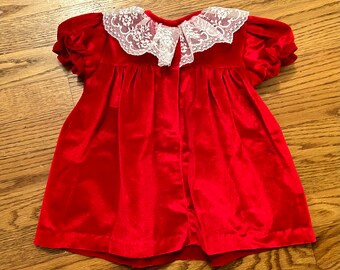 Toddler Christmas dress, red velvet, lace collar, vintage holiday, USA