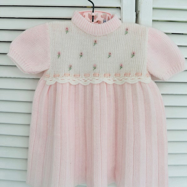 Baby girl knit dress, vintage , pink and white, Portugal, baby gift