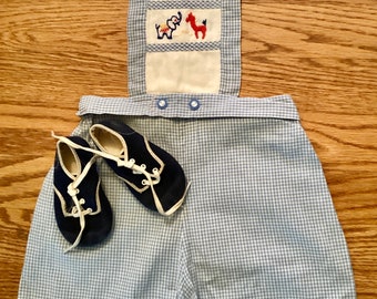 baby boy sunsuit, true vintage, gingham, baby animals, summer