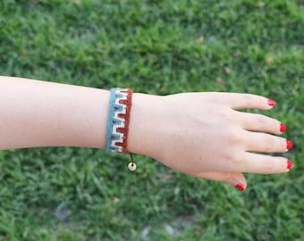 Hand woven Merino Bracelet: Textile Kilim jewellery, Adjustable Leather Ends