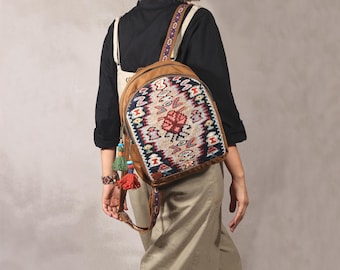 キリム柄バックパック：ハンドメイドシェニールボヘミアンバッグ 