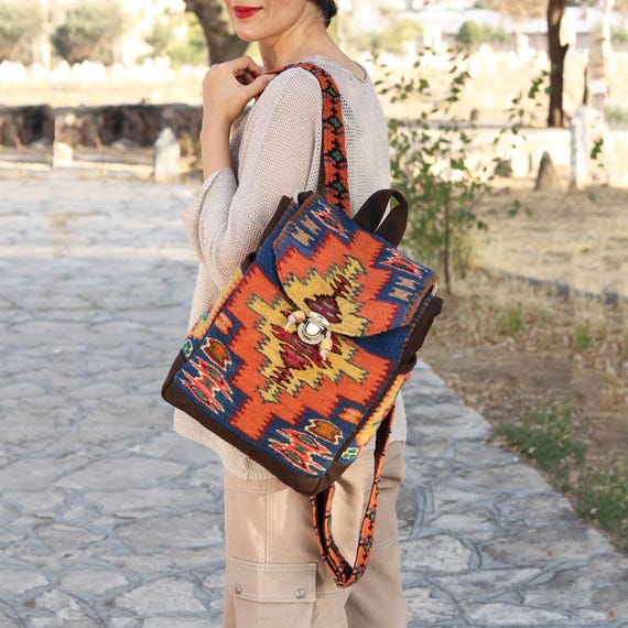 Kilim Backpack Wool large Adjustable Sling Backpack Leather Geometric Boho Kilim Backpack - Etsy main image 3