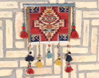 Handmade Bohemian Wool Kilim Wall Hanging: Tribal Geometric Tapestry, Rug Wall Art