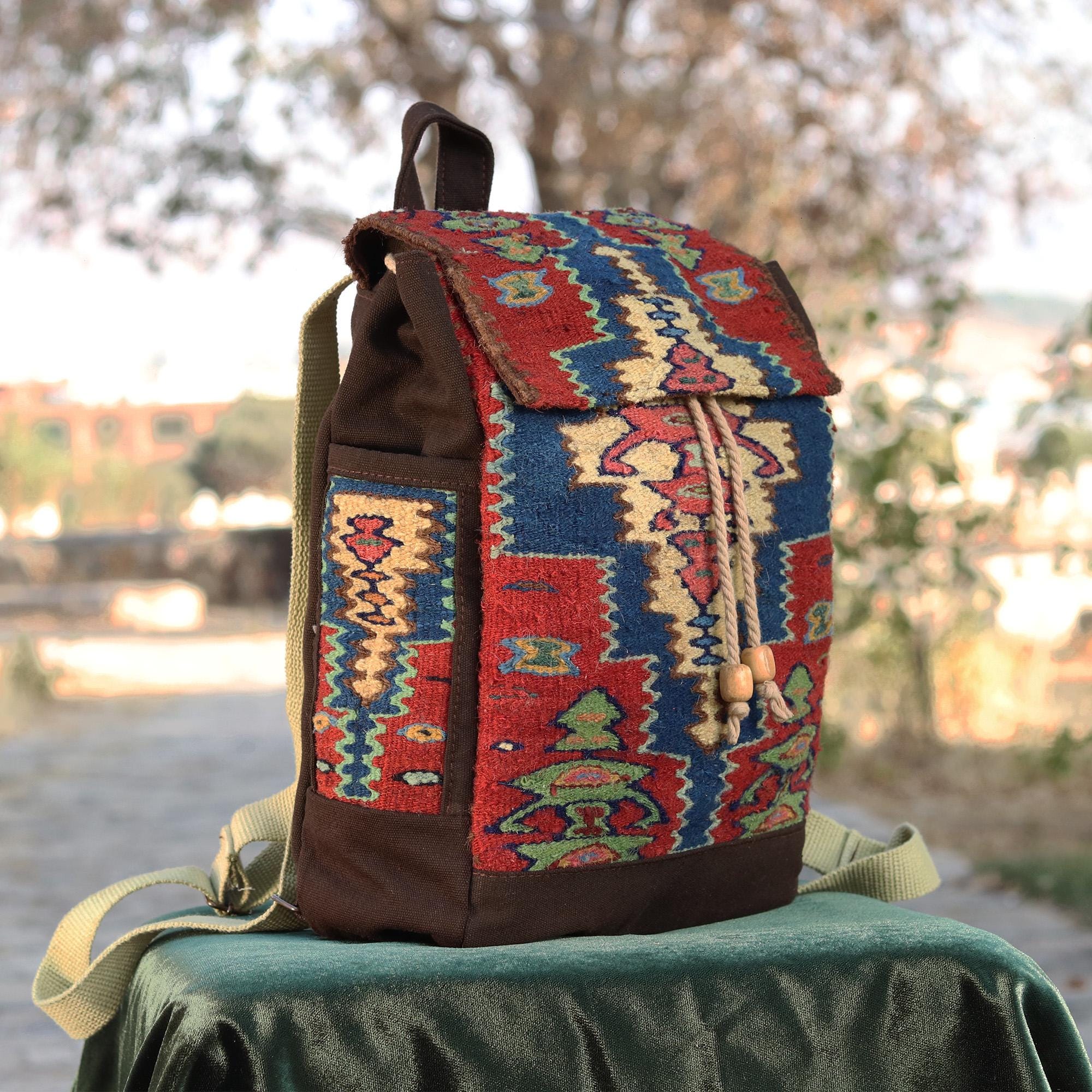 Handmade Kilim Backpack: Naturally Dyed Wool & Cotton Fabric  display picture 1