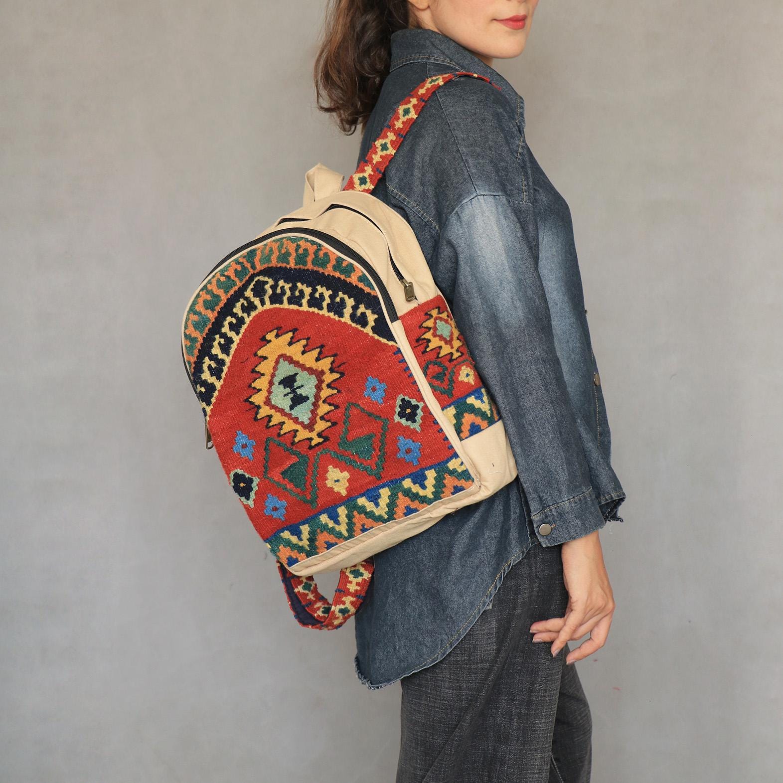 Handmade Vintage Kilim Backpack: Naturally Dyed Rug With a 
