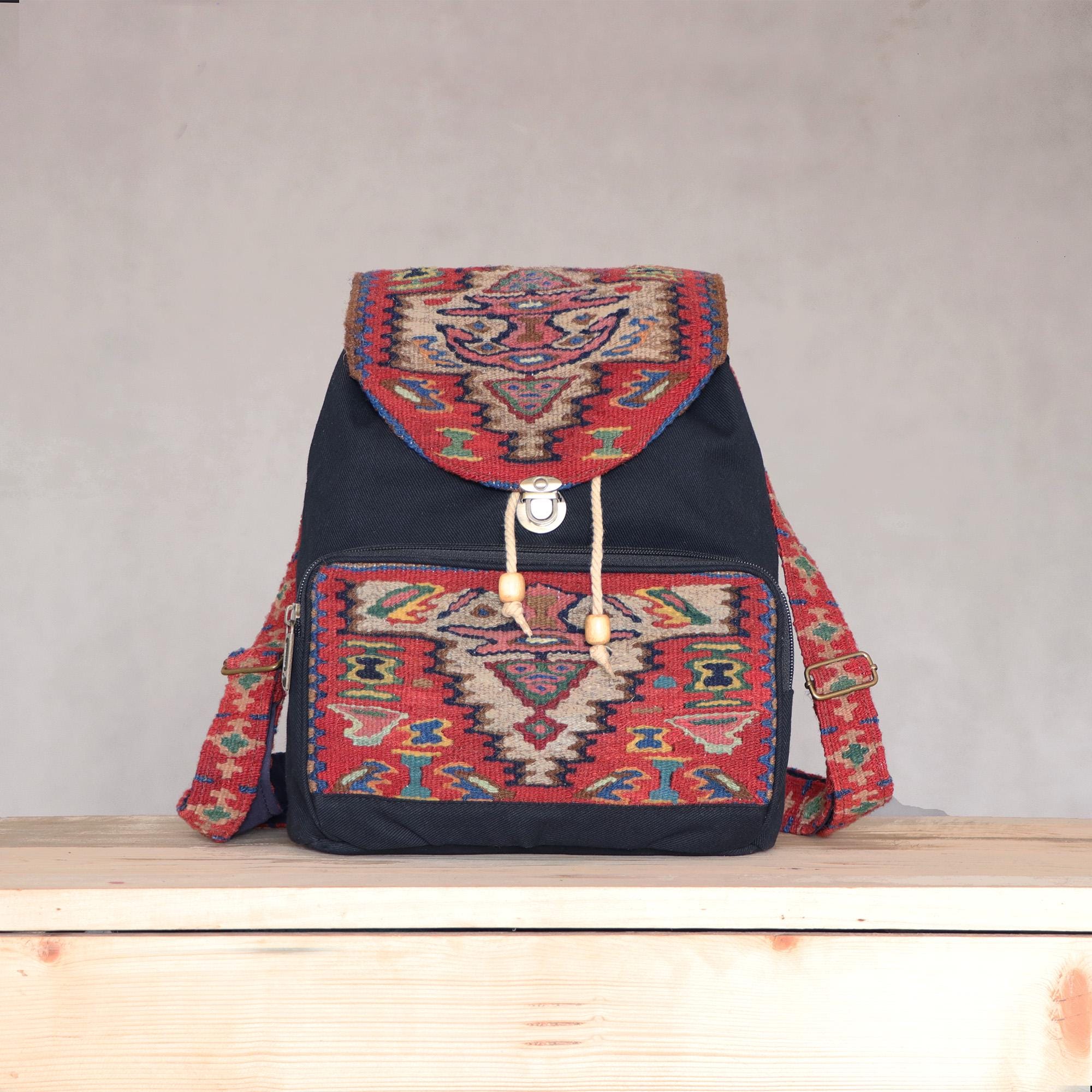 Handwoven Kilim Backpack: 100% Wool & Cotton, Kurdish Design  display picture 1