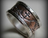 mens wedding band, rustic fine silver and copper crown of thorns ring, handmade wide band ring, manly ring