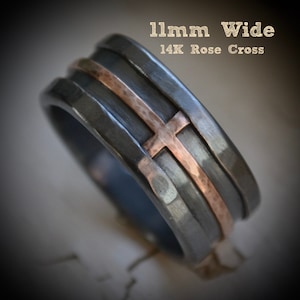 mens cross wedding band - rustic hammered cross ring, oxidized fine silver, sterling, copper or 14K gold cross ring, handmade wedding band