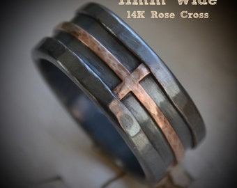 mens wedding band - rustic handmade fine silver, sterling, 14K rose gold or copper cross ring - custom