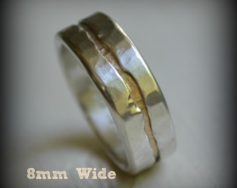 rustic fine silver and brass ring - handmade texturized and hammered artisan designed wedding band - custom stamping - custom ring - river