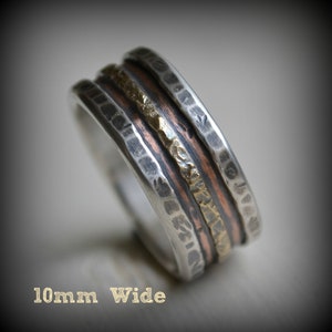 mens wedding band rustic fine silver 14K rose and 14K yellow gold ring handmade artisan designed wide band ring manly ring customize image 7