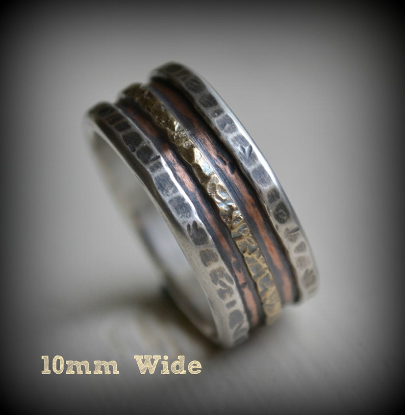mens wedding band rustic fine silver 14K rose and 14K yellow gold ring handmade artisan designed wide band ring manly ring customize image 7