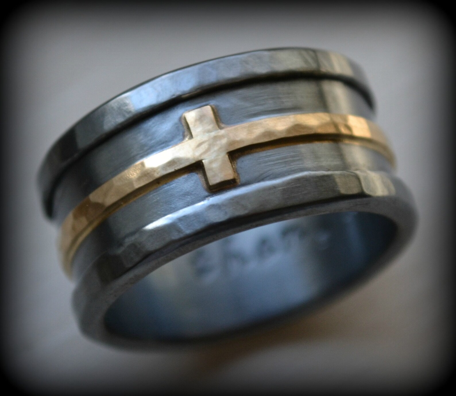 Mens Cross Wedding Band Rustic Hammered Cross Ring Oxidized Etsy