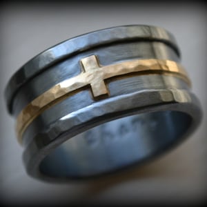mens cross wedding band - rustic hammered cross ring, oxidized fine silver, sterling, 14K yellow cross ring, handmade wedding band, Jesus