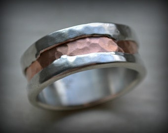 rustic fine silver and copper wedding ring - handmade hammered artisan designed - custom