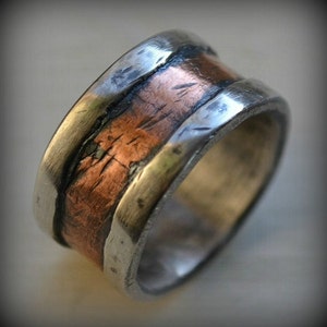mens wedding band rustic fine silver and 14K rose gold handmade hammered artisan designed wide band ring manly ring customized image 1