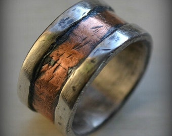 mens wedding band - rustic fine silver and copper ring - handmade artisan designed ring - custom