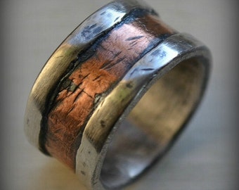 mens wedding band - rustic fine silver and 14K rose gold - handmade hammered artisan designed wide band ring - manly ring - customized