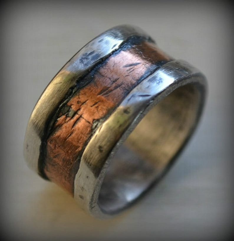 mens wedding band rustic fine silver and 14K rose gold handmade hammered artisan designed wide band ring manly ring customized image 1