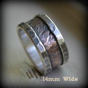 mens wedding band rustic fine silver and 14K rose gold handmade hammered artisan designed wide band ring manly ring customized image 6