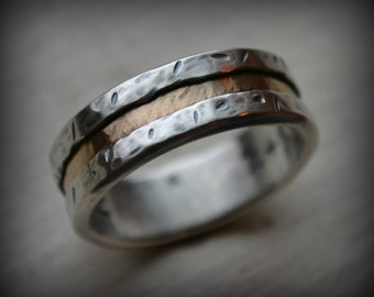 mens wedding band, rustic fine silver and brass - handmade oxidized ring - custom