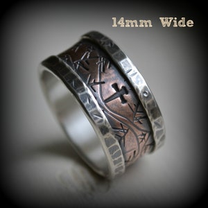 mens wedding band, rustic fine silver and copper crown of thorns ring, handmade wide band ring, manly ring image 4