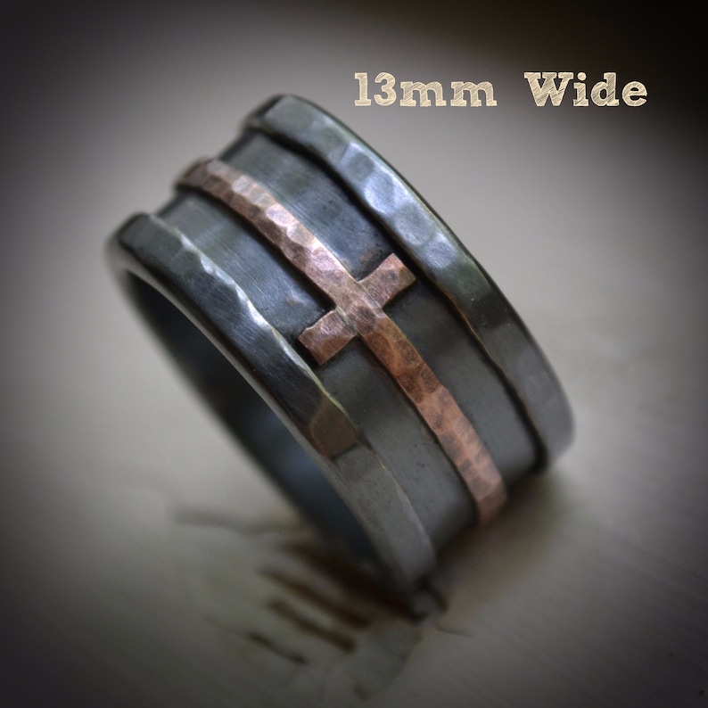 Mens Cross Wedding Band Rustic Hammered Cross Ring Oxidized Etsy