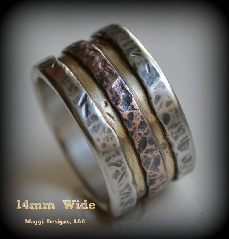 mens wedding band rustic fine silver brass and copper handmade artisan designed wide band ring manly ring industrial ring customized image 5