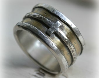 mens wedding band - rustic fine silver, brass and sterling silver or 14K white gold cross - handmade ring - custom