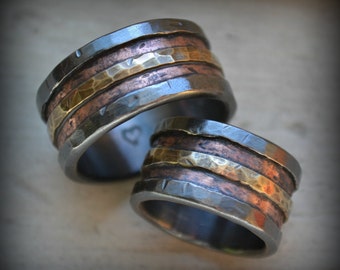 rustic wedding ring set, fine silver and copper and brass, handmade oxidized fine silver copper brass wedding bands, custom hand stamping