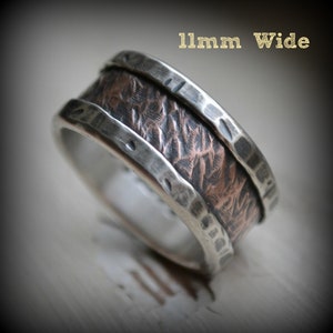 mens wedding band rustic fine silver and 14K rose gold handmade hammered artisan designed wide band ring manly ring customized image 5