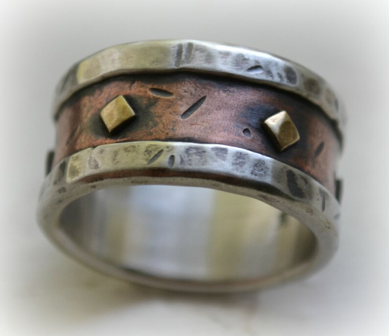 Mens wedding band rustic fine silver copper and brass | Etsy