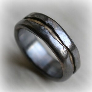 mens wedding band - rustic oxidized fine silver and brass ring - handmade artisan designed - custom