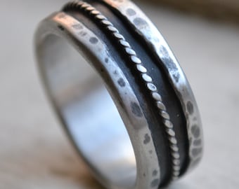 mens wedding band - rustic oxidized fine silver and sterling silver - handmade artisan designed - custom