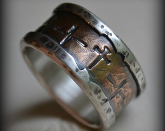 mens wedding band - fine silver and copper - EKG Cross ring - handmade artisan designed - custom