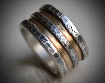 mens wedding band - fine silver, brass and sterling silver or 14K white gold - handmade ring - custom
