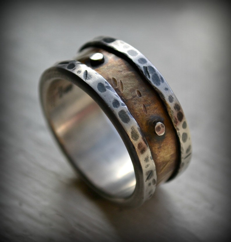 Mens industrial wedding ring rustic fine silver and 14K Etsy