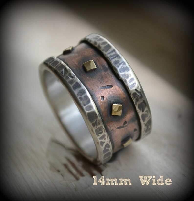 mens wedding band rustic fine silver rose and yellow gold ring handmade artisan designed wide band ring manly ring customized image 8