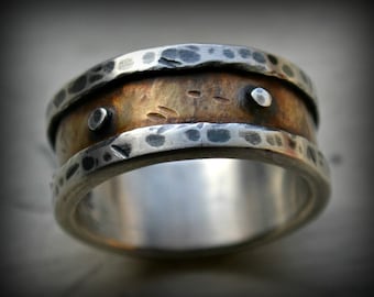 mens wedding band - rustic fine silver and brass with silver rivets - handmade oxidized ring - custom
