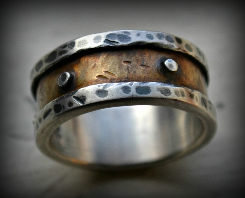 Mens industrial wedding ring rustic fine silver and 14K Etsy