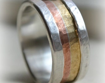 mens wedding band - Marriage of Metal fine silver, copper and brass - handmade ring - custom