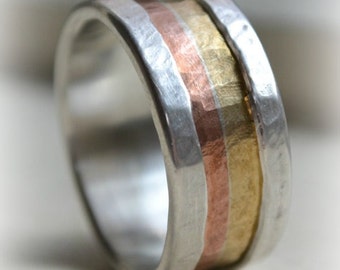 mens retro wedding band - Marriage of Metal fine silver with copper and brass or 14K Rose & yellow Gold - handmade ring - silver lining