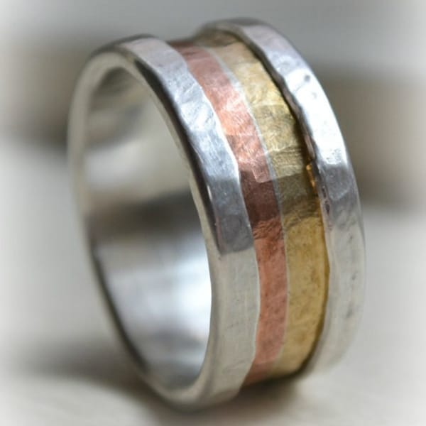 mens retro wedding band - Marriage of Metal fine silver with copper and brass or 14K Rose & yellow Gold - handmade ring - silver lining