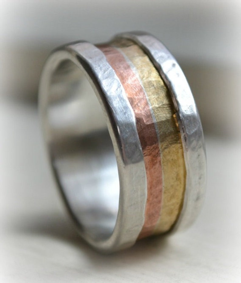 mens retro wedding band Marriage of Metal fine silver, copper and brass or 14K Rose & yellow gold ring handmade ring silver lining image 1