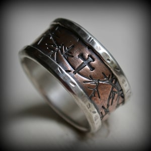 mens wedding band, rustic fine silver and copper crown of thorns ring, handmade wide band ring, manly ring image 1