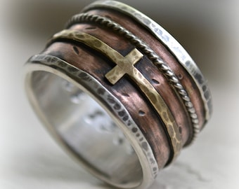 mens wide band wedding band - rustic fine silver and copper ring and brass cross ring oxidized ring - handmade wedding band - customized