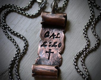 Gal.2:20 - Christian Necklace - Handcrafted artisan designed, Copper, Sterling silver - Vintage Scroll - Custom Bible Verse